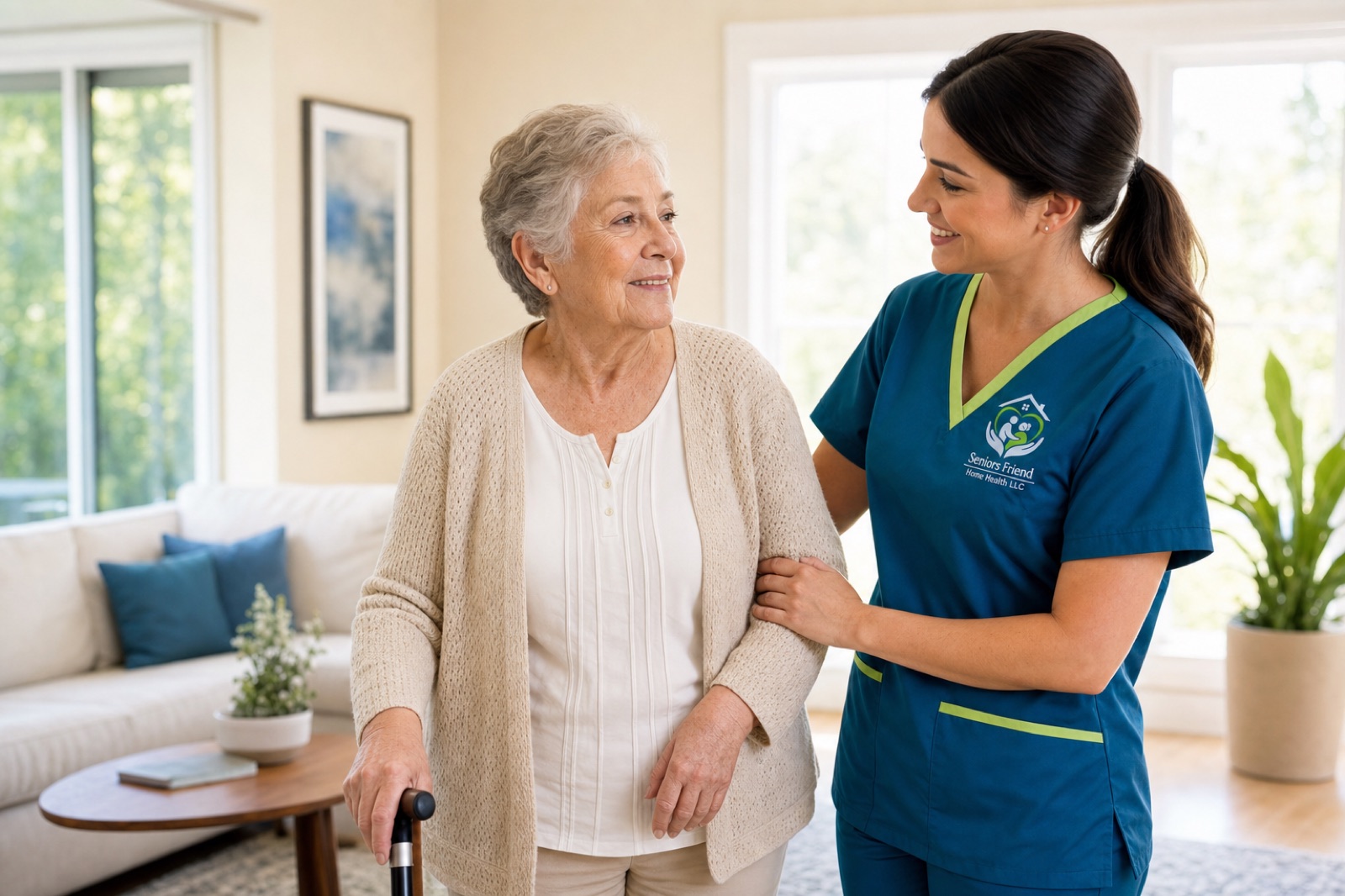 Seniors Friend caregiver in uniform at a client home