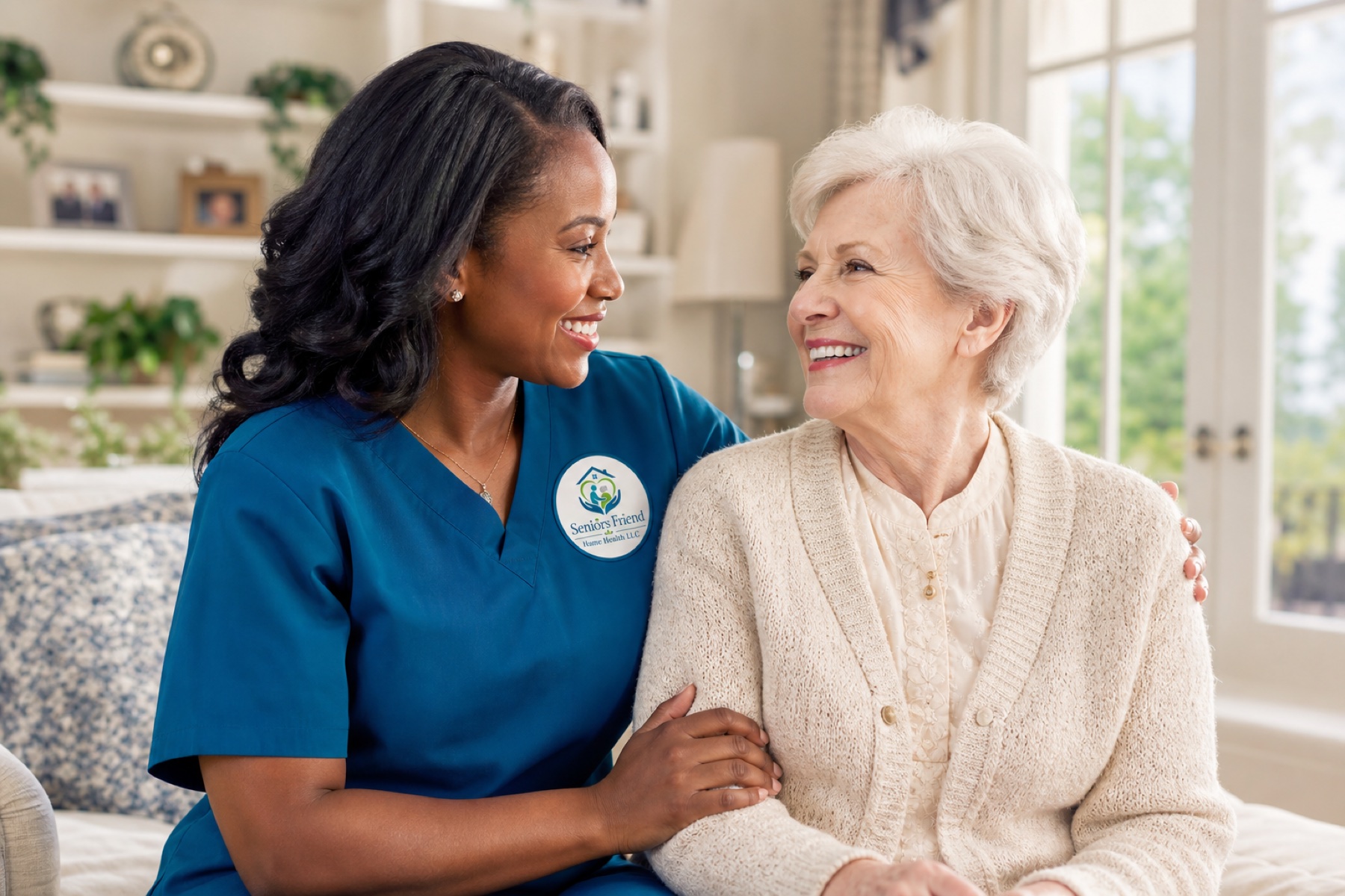 Professional uniformed Seniors Friend caregiver supporting a client at home