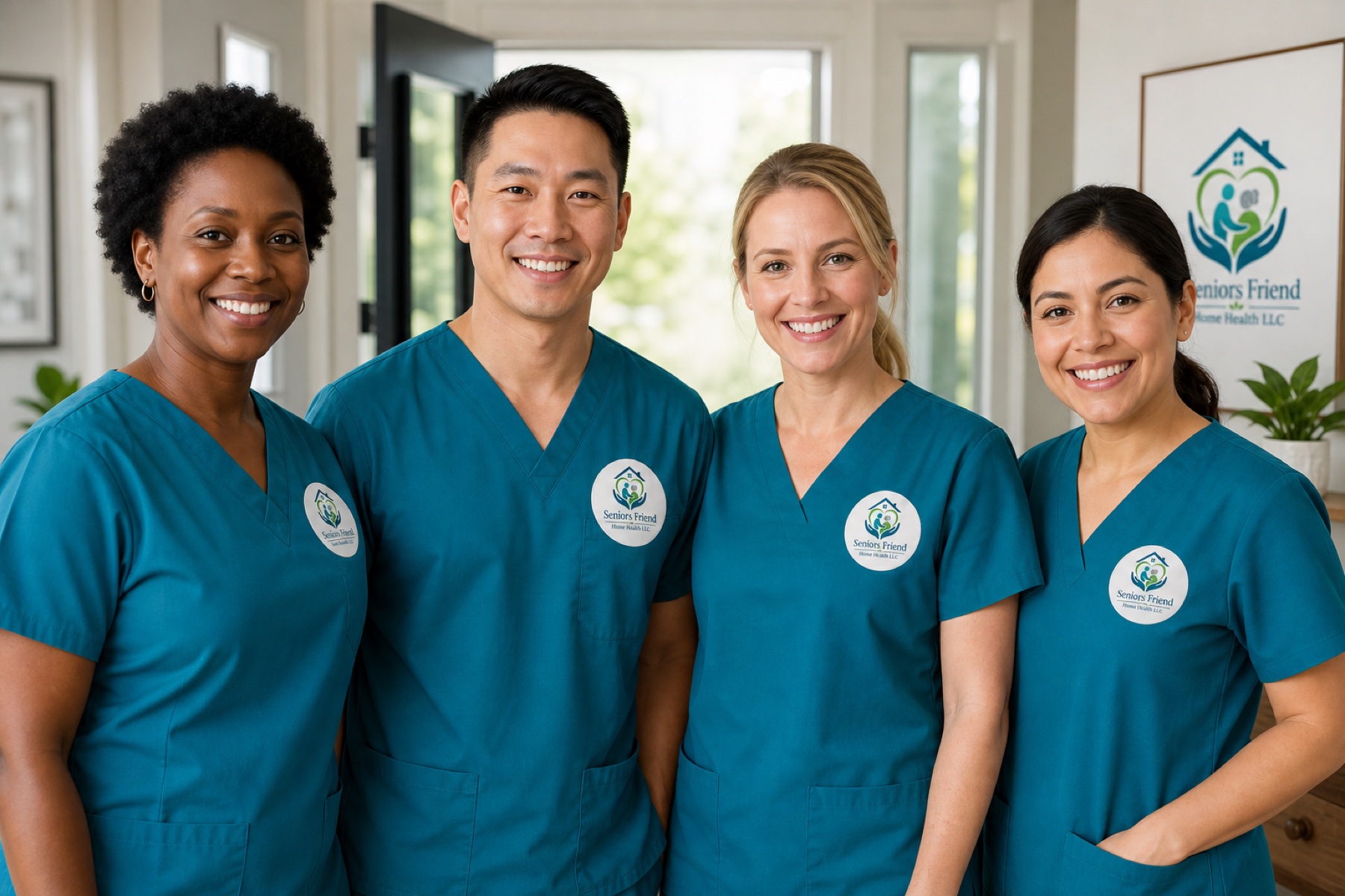 Diverse Seniors Friend uniformed care team